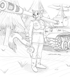  2021 absurd_res anthro clothing felid female hi_res is-2 is-2_(1944) laya_chuganova mammal military_uniform monochrome pantherine panzerschreckleopard russian snow_leopard solo soviet_union tank uniform vehicle world_war_2 