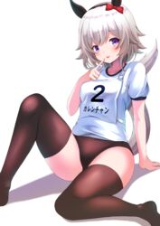  :p absurdres animal_ears arm_support black_hairband blush bow breasts brown_buruma brown_thighhighs buruma closed_mouth commentary_request curren_chan_(umamusume) ear_bow feet_out_of_frame female grey_hair gym_shirt gym_uniform hair_between_eyes hairband highres horse_ears horse_girl horse_tail knee_up no_shoes original_race_uniform_(umamusume) puffy_short_sleeves puffy_sleeves purple_eyes race_bib red_bow shadow shibakame shirt short_sleeves small_breasts smile solo tail thighhighs thighs tongue tongue_out umamusume white_background white_shirt 