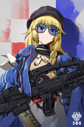  assault_rifle black_choker black_hat blonde_hair blue-tinted_eyewear blue_jacket braid braided_sidelock chinese_commentary choker commentary_request croatian_flag english_commentary female girls&#039;_frontline gun hat highres jacket long_hair looking_at_viewer military mixed-language_commentary parted_lips rifle single_braid smile solo sunglasses tinted_eyewear upper_body vhs-d2 vhs_(girls&#039;_frontline) weapon zhan-guo_zang-ge 