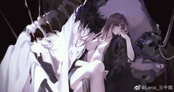  bad_id bad_source bare_legs black_background bone breasts center_opening coat crossed_legs fate/grand_order fate_(series) female hand_on_own_cheek hand_on_own_face highres long_hair looking_at_viewer necktie purple_eyes purple_hair reroi scathach_(fate) sitting solo very_long_hair watermark 