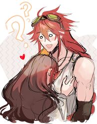  1boy :3 ? blank_eyes blush blush_stickers brown_hair cardia_beckford code:realize confused face_to_pecs female goggles goggles_on_head heart highres impey_barbicane kash-phia long_hair pectoral_cleavage pectorals red_hair straight wavy_hair 