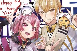  2021 2boys animal animal_on_shoulder blonde_hair blush brown_hair chinese_zodiac closed_eyes fox_mask heart highres indie_utaite jacket japanese_clothes jewelry kimono male_focus mask mask_on_head mebuki_(moon_angel_4) multiple_boys nqrse nqrse_no_neko open_mouth otoko_no_ko red_eyes red_hair senra_(utaite) shirt smile upper_body urashimasakatasen utaite v year_of_the_ox yukata 