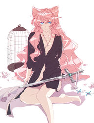  barefoot birdcage black_shirt blue_eyes breasts cage cleavage closed_mouth collarbone cross cross_necklace female hair_between_eyes highres jewelry long_hair looking_at_viewer maria_cadenzavna_eve medium_breasts naked_shirt navel necklace pink_hair rhapsode senki_zesshou_symphogear shiny_skin shirt sitting smile solo sword very_long_hair weapon 