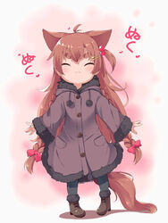  :3 ^_^ animal_ears antenna_hair black_pantyhose boots bow braid brown_coat brown_footwear brown_hair closed_eyes closed_mouth coat commentary_request dog_ears dog_girl dog_tail facing_viewer female full_body fur-trimmed_boots fur-trimmed_coat fur-trimmed_sleeves fur_trim hair_bobbles hair_ornament hairbow hairclip heart highres long_hair long_sleeves makuran momiji_(makuran) one_side_up original pantyhose pigeon-toed red_bow short_eyebrows sleeves_past_wrists solo standing star_(symbol) star_hair_ornament tail thick_eyebrows translation_request twin_braids v-shaped_eyebrows very_long_hair 