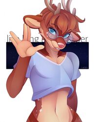  anthro antlers clothing deer eyewear femboy gesture glasses hi_res horn luke_mckeel luryry male mammal shirt solo star_trek topwear vulcan_salute 