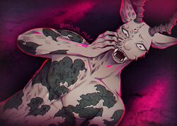  abstract_background antelope anthro arm_tattoo beastars bovid chest_tattoo claws fangs felid gazelle horn hybrid leopard leopard_spots male mammal markings melon_(beastars) msdk_max muscular muscular_anthro muscular_male nude open_mouth pantherine pecs pupils red_background signature simple_background small_pupils solo spots spotted_body tattoo teeth 