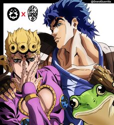  2boys animal armor artist_name blonde_hair blue_eyes blue_hair blue_shirt braid braided_ponytail brown_gloves bug center_opening closed_mouth clothes_pull commentary earrings english_commentary father_and_son fingerless_gloves frog giorno_giovanna giorno_giovanna&#039;s_pose_(jojo) gloves grandguerrilla green_eyes hand_on_another&#039;s_shoulder hand_up highres jewelry jojo_no_kimyou_na_bouken jojo_pose jonathan_joestar jonathan_joestar&#039;s_pose_(jojo) ladybug long_hair looking_at_viewer male_focus multiple_boys official_style phantom_blood pose pulling_own_clothes shirt shirt_pull short_hair shoulder_armor stone_mask_(jojo) stud_earrings thick_eyebrows time_paradox vento_aureo 