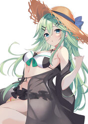  absurdres bare_shoulders bikini black_bikini blue_eyes blush braid breasts fathom female green_hair hair_between_eyes hat highres kantai_collection long_hair medium_breasts parted_lips simple_background solo straw_hat swimsuit twin_braids white_background yamakaze_(kancolle) yamakaze_kai_ni_(kancolle) yamakaze_kai_ni_(swimsuit_mode)_(kancolle) 