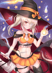  ayanami_(azur_lane) ayanami_(witch_in_ambush)_(azur_lane) azur_lane bandage_over_one_eye bandaged_arm bandages bare_shoulders black_hat black_thighhighs breasts cape cleavage cocoasabure collarbone commentary crop_top demon_tail female halloween hat highleg highres hitodama holding holding_sword holding_weapon long_hair looking_at_viewer medium_breasts midriff miniskirt navel official_alternate_costume orange_skirt platinum_blonde_hair red_eyes skirt solo sword tail thigh_strap thighhighs twintails weapon witch witch_hat zettai_ryouiki 