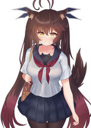  alternate_costume animal_ear_fluff animal_ears antenna_hair bag black_pantyhose blue_skirt breasts brown_hair cla_(finesoda) closed_mouth collarbone commentary female girls&#039;_frontline highres long_hair looking_at_viewer m14_(girls&#039;_frontline) neckerchief pantyhose photoshop_(medium) red_neckerchief school_bag school_uniform serafuku short_sleeves simple_background skirt smile solo tail white_background yellow_eyes 