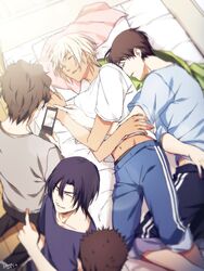  5boys amuro_tooru black_hair black_shirt blonde_hair blue_pants blue_shirt blue_shorts blurry brown_hair casual cellphone cellphone_photo closed_eyes closed_mouth collarbone commentary_request date_wataru dated depth_of_field facial_hair facing_away flip_phone futon grey_shirt hagiwara_kenji hair_between_eyes highres holding holding_phone indoors kouno_kb looking_at_phone lying male_focus matsuda_jinpei meitantei_conan midriff multiple_boys navel on_bed on_side out_of_frame pants parted_lips phone pillow pointing pointing_at_another scotch_(meitantei_conan) shirt short_hair short_sleeves shorts signature sleeping smile stubble taking_picture white_shirt wooden_floor 