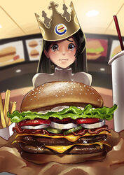  absurdres black_hair blurry blurry_background brown_eyes burger burger_king ceiling_light commentary crown cup disposable_cup drinking_straw english_commentary fast_food female food food_focus french_fries hannah_santos highres indoors lettuce long_hair looking_down original paper paper_crown photoshop_(medium) raised_eyebrows ribbed_sweater sesame_seeds sliced_cheese solo sparkle sweater tomato turtleneck turtleneck_sweater wavy_mouth whopper 