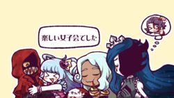  &gt;_&lt; &gt;_o 1boy 4girls black_gloves blood blood_on_face blue_hair cape chewing closed_eyes closed_mouth colored_sclera colored_skin commentary_request dark-skinned_female dark_skin employee_(project_moon) eyes_in_shadow gloves grey_gloves hair_ornament hatake_shimeji heart heart_hair_ornament hood hood_up hooded_cape hug king_of_greed knight_of_despair light_blue_hair little_red_riding_hooded_mercenary lobotomy_corporation long_hair mask mouth_mask multiple_girls one_eye_closed open_mouth outline pink_nails pink_shirt project_moon purple_hair queen_of_hatred red_cape red_eyes shirt short_hair simple_background smile thumbs_up tiara translated two_side_up white_outline white_skin wrist_cuffs yellow_background yellow_sclera 