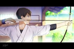  1boy archery arrow_(projectile) blurry blurry_background bow_(weapon) brown_gloves brown_hair collarbone commentary_request dated drawing_bow from_side gloves holding holding_bow_(weapon) holding_weapon japanese_clothes kimono kouno_kb kyuudou letterboxed male_focus meitantei_conan parted_lips partially_fingerless_gloves profile purple_eyes scotch_(meitantei_conan) short_hair signature single_glove solo upper_body weapon white_kimono wooden_wall yugake 