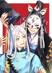  2boys abe_no_seimei_(onmyoji) animal_ears black_hair black_headwear blue_eyes collar commentary_request hat holding holding_clothes holding_hat japanese_clothes long_hair looking_at_another male_focus mask multiple_boys onmyoji open_mouth red_nails sweatdrop tamamo_no_mae_(onmyoji) tate_eboshi tiyi_(tiyi_a09) unworn_hat unworn_headwear white_hair 