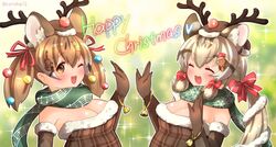  2girls animal_ear_fluff animal_ears breasts brown_eyes brown_hair cat_ears christmas cleavage coroha dress elbow_gloves extra_ears geoffroy&#039;s_cat_(kemono_friends) gloves grey_hair hair_ornament hat kemono_friends kemono_friends_v_project large-spotted_genet_(kemono_friends) long_hair looking_at_viewer multiple_girls one_eye_closed open_mouth ribbon santa_dress santa_hat scarf simple_background smile twintails virtual_youtuber 