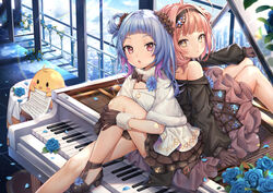  2girls :o ahoge azur_lane back-to-back bare_shoulders bird black_dress black_footwear black_gloves blue_flower blue_hair brown_eyes brown_hair building chick commentary_request day douya_(233) dress flower fur_trim gloves grand_piano hair_flower hair_ornament hair_rings headband hugging_own_legs instrument knee_up long_hair looking_at_viewer manjuu_(azur_lane) multicolored_hair multiple_girls off-shoulder_dress off_shoulder official_alternate_costume official_art on_piano one_side_up parted_lips petals piano pink_hair purple_hair red_eyes rose sheet_music shoes short_hair sitting sitting_on_object two-tone_hair u-556_(azur_lane) u-556_(party_knight!)_(azur_lane) u-81_(azur_lane) u-81_(soft_serenade)_(azur_lane) white_dress window 