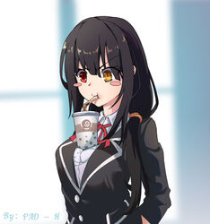  arms_behind_back artist_name bendy_straw between_breasts black_hair blurry blurry_background blush_stickers breasts bubble_tea bubble_tea_challenge clock clock_eyes commentary_request cup date_a_live disposable_cup drink drinking drinking_straw drinking_straw_in_mouth female furrowed_brow hair_between_eyes heterochromia large_breasts meme object_on_breast photoshop_(medium) raizen_high_school_uniform red_eyes roman_numeral school_uniform solo symbol-shaped_pupils tokisaki_kurumi upper_body user_yxjh4887 