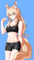  animal_ear_fluff animal_ears arknights bare_arms bare_shoulders black_shorts black_sports_bra blonde_hair blue_background breasts cleavage collarbone commentary_request cowboy_shot crop_top female hair_between_eyes hand_up highres large_tail long_hair looking_at_viewer medium_breasts midriff navel nearl_(arknights) neti_(cpu11151) partial_commentary short_shorts shorts sidelocks simple_background smile solo sports_bra standing stomach tail thighs very_long_hair yellow_eyes 