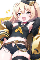  +_+ :d absurdres anchor_hat_ornament armpits azur_lane bache_(azur_lane) bare_shoulders belt black_hat black_sailor_collar black_shirt blonde_hair blunt_bangs blush breasts brown_belt collar collarbone commentary_request cowboy_shot crop_top cutoffs denim denim_shorts dollar_sign female fishnet_thighhighs fishnets fur-trimmed_jacket fur_trim hands_up hat hat_ornament highres jacket long_hair looking_at_viewer marui_kado midriff navel neckerchief oerba_yun_fang off_shoulder open_clothes open_mouth open_shorts outstretched_arm partial_commentary pink_collar purple_eyes sailor_collar sailor_hat school_uniform serafuku shirt short_shorts shorts sidelocks simple_background single_thighhigh skindentation sleeveless small_breasts smile solo sparkle standing thick_eyebrows thighhighs twitter_username two_side_up very_long_hair white_background yellow_jacket yellow_neckerchief 