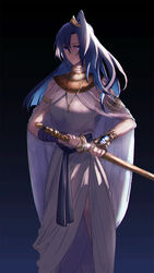  armlet blue_background blue_hair cape closed_mouth dress female floating_hair gradient_background hair_between_eyes hair_ornament high_ponytail highres holding holding_sheath holding_sword holding_weapon kazanari_tsubasa long_hair purple_eyes rhapsode see-through senki_zesshou_symphogear sheath side_slit sleeveless sleeveless_dress solo standing sword unsheathing very_long_hair weapon white_cape white_dress 