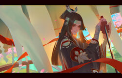  1boy bandaged_arm bandages black_hair closed_mouth commentary_request highres holding holding_sword holding_weapon katana letterboxed lian_yao long_hair long_sleeves looking_at_viewer male_focus onikiri_(onmyoji) onmyoji photoshop_(medium) solo sword upper_body weapon 