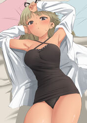  @_@ alice_gear_aegis araime_yasuri arms_up bed_sheet black_dress black_eyes black_panties blush breasts cleavage commentary_request criss-cross_halter dress female halterneck highres large_breasts long_hair long_sleeves looking_at_viewer lying on_back open_clothes panties parted_lips pillow short_dress solo tan thighs underwear unpasu 