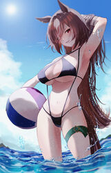  alternate_costume animal_ears arm_behind_head arm_up armpits ball beachball bikini bracelet breasts brown_hair commentary_request ear_ornament female hair_between_eyes highres holding holding_ball holding_beachball horse_ears horse_girl horse_tail jewelry kitsune_yuki long_hair multicolored_hair navel ocean open_mouth outdoors red_eyes sirius_symboli_(umamusume) solo streaked_hair swimsuit tail thigh_strap two-tone_hair umamusume very_long_hair wading water wet wet_hair white_hair 