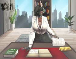  anthro bat big_breasts breasts businesswear choker city cityscape cleavage clothed clothing desk detailed_background digital_media_(artwork) english_text female fur furniture hair jewelry looking_at_viewer mammal necklace noelleneko smile solo table text 