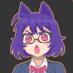  animal_ears black_background blue_hair bow bowtie chestnut_mouth collared_shirt commentary_request eyebrows female glasses halloween hcnone kemonomimi_mode looking_at_viewer open_mouth original partial_commentary pink_eyes pixel_art portrait red_bow red_bowtie shirt short_hair simple_background skye_(hcnone) solo white_shirt wolf_ears 