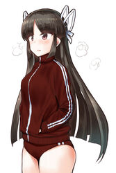  alternate_costume black_hair breath brown_buruma brown_jacket buruma commentary_request cowboy_shot female gym_uniform hair_ribbon hands_in_pockets highres hime_cut hiyou_(kancolle) jacket kantai_collection long_hair minase_(takaoka_nanase) partial_commentary red_eyes ribbon simple_background solo standing track_jacket white_background white_ribbon 