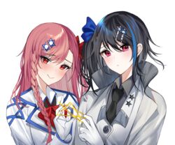  2girls bad_id bad_pixiv_id black_hair blue_hair blush bow braid buckle cat&#039;s_cradle coat commentary girls&#039;_frontline gloves hair_ornament hairclip hei_d hexagram jericho_(girls&#039;_frontline) long_hair multicolored_hair multiple_girls necktie negev_(girls&#039;_frontline) overcoat pink_hair red_bow red_eyes snap-fit_buckle star_of_david streaked_hair symbol-only_commentary white_gloves 