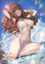  arms_behind_head blue_sky breasts brown_eyes brown_hair cloud commission covered_navel covered_nipples day fate/extella fate/extra fate/extra_ccc fate_(series) female highres ichihachiyon kishinami_hakuno_(female) large_breasts long_hair o-ring o-ring_swimsuit outdoors pixiv_commission sidelocks sky slingshot_swimsuit smile solo splashing swimsuit water wet white_slingshot_swimsuit 