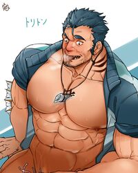  1boy abs bara blue_eyes blue_hair blush cropped facial_hair fins fish_boy highres korean_commentary large_pectorals male_focus muscular muscular_male navel nipples pectorals ppyong short_hair simple_background solo tokyo_afterschool_summoners tongue tongue_out triton_(housamo) upper_body 