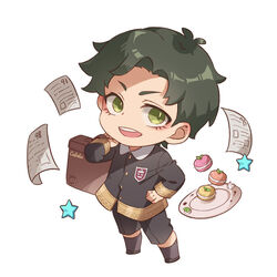  1boy :d academic_test artist_name black_footwear black_hair black_jacket black_shorts briefcase carrying_over_shoulder chibi cream damian_desmond eden_academy_school_uniform food full_body green_eyes green_hair grey_socks hand_up jacket lolicon long_sleeves looking_at_another macaron male_focus school_uniform shirt shoes short_hair shorts simple_background smile socks solo spy_x_family standing star_(symbol) test_score white_background zoe_(killyou80) 