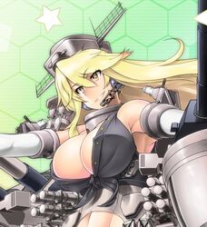  bad_id bad_twitter_id blonde_hair breasts brown_eyes cleavage commentary_request female fingerless_gloves front-tie_top gloves green_background harpoon_missile headgear headset honeycomb_(pattern) honeycomb_background iowa_(kancolle) kantai_collection large_breasts long_hair machinery parted_lips phalanx_ciws saizu_nitou_gunsou smile solo star-shaped_pupils star_(symbol) symbol-shaped_pupils upper_body 