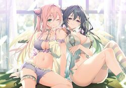  2girls :q arm_strap bare_shoulders black_hair blue_eyes blush breasts cleavage closed_mouth collarbone commentary_request double_bun green_eyes hair_bun large_breasts long_hair long_sleeves looking_at_viewer luanastia_fluegel multiple_girls navel one_eye_closed original pink_hair rianastia_flugel riichu sitting smile stomach thigh_strap thighs tongue tongue_out window wings 