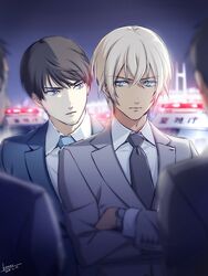  4boys amuro_tooru bishounen black_necktie blonde_hair blue_eyes blue_jacket blue_necktie blue_suit blurry brown_hair car collared_shirt commentary_request crossed_arms dated depth_of_field facial_hair formal grey_jacket grey_suit hair_between_eyes highres jacket kouno_kb long_sleeves looking_at_another male_focus meitantei_conan motor_vehicle multiple_boys necktie out_of_frame outdoors parted_lips police police_car purple_eyes scotch_(meitantei_conan) serious shirt short_hair signature sky stubble suit upper_body watch white_shirt wristwatch 