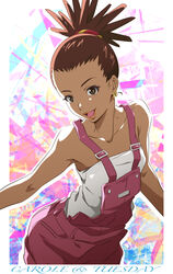  bare_shoulders brown_eyes brown_hair carole_&amp;_tuesday carole_stanley collarbone commentary dark-skinned_female dark_skin dated earrings female highres jewelry lipstick looking_at_viewer makeup nii_manabu open_mouth overalls pants signature smile solo strapless suspenders tube_top upper_body 