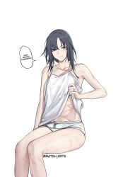  absurdres alternate_costume angelia_(girls&#039;_frontline) artist_name black_eyes black_hair camisole camisole_lift closed_mouth clothes_lift commentary english_commentary english_text female girls&#039;_frontline highres jewelry light_smile long_hair looking_at_viewer matsu_arts panties ring scar scar_on_arm scar_on_face scar_on_leg scar_on_stomach simple_background sitting smile solo speech_bubble twitter_username underwear wedding_ring white_background white_camisole white_panties 