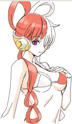  bikini breasts cleavage female hair_over_one_eye headphones long_hair looking_at_viewer one_piece one_piece_film:_red purple_eyes rasupekuto red_hair simple_background solo swimsuit uta_(one_piece) white_background white_hair 