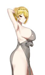  arm_up armpits blonde_hair breasts dress elbow_gloves gloves grey_dress grey_gloves highres hololive hololive_indonesia huge_breasts kaela_kovalskia long_hair miyou red_eyes side_slit sideboob single_glove virtual_youtuber 