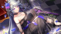  aurora bare_shoulders black_dress black_flower black_rose black_shorts black_skirt blue_bow blue_flower blue_ribbon blue_rose bow breasts bridget_(deep_one) bug butterfly choker cleavage collarbone crack curtains deep_one_kyomu_to_mugen_no_fragment dress earrings female fireworks flower galaxy gintarou_(kurousagi108) hair_flower hair_ornament jewelry lace lace-trimmed_dress lace_trim large_breasts leaf light_particles long_hair looking_at_viewer necklace night night_sky non-web_source petals pink_flower pink_rose plant purple_eyes purple_flower purple_rose ribbon rose rose_petals see-through_clothes shirt shorts sitting skirt sky solo space stairs tanzaku thighhighs tile_floor tiles underwear very_long_hair 