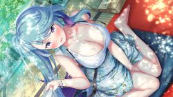  aqua_hair bag bangle bare_shoulders barefoot blue_dress blue_hair blush bracelet breasts bridget_(deep_one) bush cleavage collarbone deep_one_kyomu_to_mugen_no_fragment downblouse dress earrings feet female fence floral_print gintarou_(kurousagi108) hair_ribbon handbag jewelry large_breasts light_particles long_hair looking_at_viewer multicolored_hair nail_polish non-web_source open_mouth outdoors pink_hair print_dress purple_eyes ribbon shiny_skin shirt side_ponytail sitting sleeveless sleeveless_dress smile snowflake_print solo tatami thighs tree white_ribbon white_shirt 