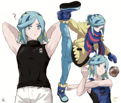  1boy ? aqua_eyes aqua_hair arms_behind_head black_shirt blue_footwear blue_mittens blue_scarf boots closed_mouth commentary_request covered_abs covered_navel grusha_(pokemon) highres holding_own_leg hungry jacket looking_down male_focus min_(myna8247) mittens multiple_views pants pokemon pokemon_sv scarf scarf_over_mouth shirt signature sleeveless sleeveless_shirt speech_bubble split standing standing_on_one_leg standing_split stretching striped_clothes striped_scarf thought_bubble white_background yellow_jacket 