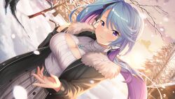  bare_tree blue_hair blush branch breasts bridget_(deep_one) cherry_blossoms cleavage cleavage_cutout closed_mouth clothing_cutout coat cross deep_one_kyomu_to_mugen_no_fragment earrings female fur-trimmed_coat fur-trimmed_jacket fur-trimmed_sleeves fur_collar fur_trim gintarou_(kurousagi108) hair_ornament hair_ribbon jacket jewelry large_breasts long_hair looking_at_viewer meme_attire multicolored_hair necklace non-web_source open-chest_sweater open_clothes outdoors pendant purple_eyes purple_hair ribbed_sweater ribbon sidelocks sky smile snow snowing solo sweater tree turtleneck turtleneck_sweater twintails white_sweater winter winter_clothes winter_coat 