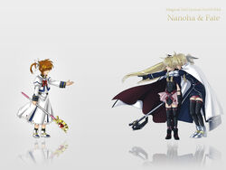  2girls bardiche_(device_form)_(nanoha) bardiche_(nanoha) black_dress blonde_hair cape character_name copyright_name dress dual_persona fate_testarossa fate_testarossa_(impulse_form) fate_testarossa_(original_form) floating full_body gem grey_background hachi_(hachikai) long_hair long_skirt long_sleeves lyrical_nanoha magical_girl mahou_shoujo_lyrical_nanoha mahou_shoujo_lyrical_nanoha_strikers multiple_girls outstretched_arm puffy_sleeves raising_heart raising_heart_(device_mode) reflective_floor showgirl_skirt simple_background skirt staff takamachi_nanoha takamachi_nanoha_(original_mode) thighhighs time_paradox twintails uniform very_long_hair white_dress 