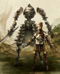  1boy armor blonde_hair commentary_request gloves grissom mace male_focus mecha robot solo standing sword vagrant_story watanabe_minoru weapon 