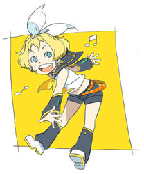  beamed_eighth_notes blonde_hair blue_eyes commentary_request cosplay detached_sleeves eighth_note eureka_seven eureka_seven_(series) female hair_ribbon kagamine_rin kagamine_rin_(cosplay) legs lowres maeter musical_note nanboku ribbon short_hair solo vocaloid 