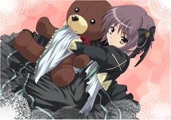  female game_cg gothic_lolita hug imageboard_desourced lolita_fashion nagato_yuki non-web_source purple_hair solo stuffed_animal stuffed_toy suzumiya_haruhi_no_tomadoi suzumiya_haruhi_no_yuuutsu teddy_bear yellow_eyes 